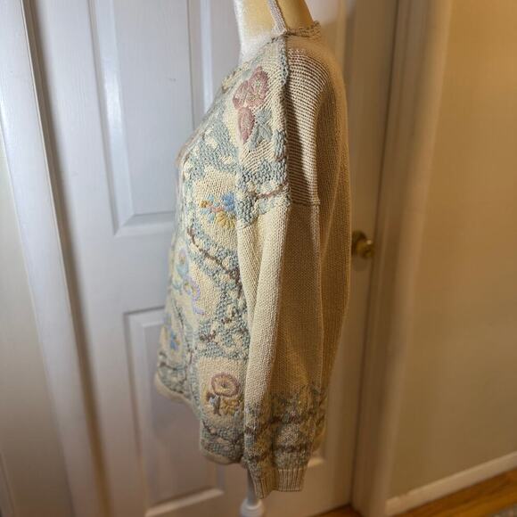 Vintage Heirloom Collectibles Tan Floral Grandma Sweater Shoulder Pads Size L - Picture 4 of 9